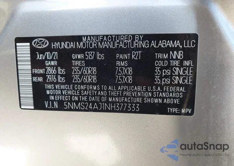 2022 Hyundai Santa Fe Sel z USA, uszkodzony, nr VIN 5NMS24AJ1NH377333